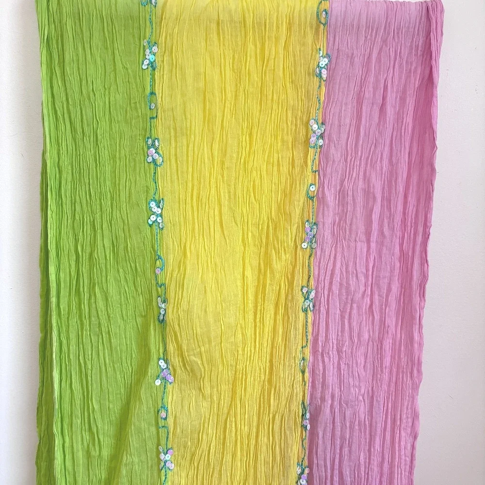 Boho Coastal Crinkle Sequin Embroidered Scarf Wrap Shawl‎ Pink Yellow Green OS
